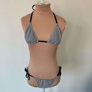 Newport Swim Black White Stripe Tie Strap Halter Triangle Two Piece Bikini EUC 4